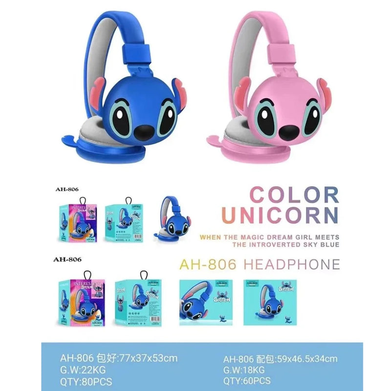 Fones De Ouvido Bluetooth Disney Stitch Sem Fio Para Crianças Dobráveis AH-806 HIFI Sound Stereo Estéreo Com Microfone Anime Cartoon Kids Gifts
